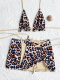 2026 Summer Leopard Print 3 Pieces Suit Swimwear Reversible Sexy Halter Lace-up Bikini Set Drawstring Skirt Cover Up Beachwear