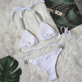 2026 Sexy Bikini Women Solid Halter Rhinestone Chain Bandage Swimwear Swimsuit Female Beach Bikinis Set Bathing Suit White/Black