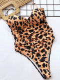 Push Up Bra Cup Leopard Scrunched Women Bandeau Swimwear One Piece Swimsuit Female Monokini High Cut Bathing Suit Swim Bodysuit