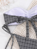 Sexy Bandeau Micro Bikini 2026 Women Bow Black Plaid Print Pleat Push Up Bra Bandage Thong Swimsuit Summer Bathing Suit Swimwear