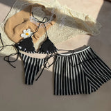 DEKA Green Striped Bikini Set Women Halter Push Up High Waist Thong Panties Swimsuit Summer 3 Pcs Bathing Suit Lace-up Swimwear