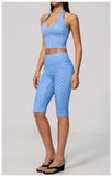 New Summer Women White Polka Dot Print Yoga Sets Hanging Neck Slim Sport Vest High Waist Mid Pants Gym Two-piece Workout Clothes