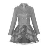 Women Double Breasted Victorian Steampunk Blazer Coat Gothic Tuxedo Tailcoat Jacket with Lace Hem Halloween Uniform Costume