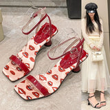 One Word Belt Buckle Patchwork Pumps Shallow Peep Toe Chunky Heel Hollow Pumps Fashion Casual 2026 New Arrivals Summer Sandals