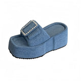 Women Punk Lazy Platform Sandals Buckle Design Garden Shoes Roman Street Slippers Flip Flops Denim Blue Outdoor Beach Shoes