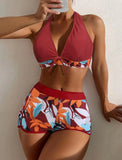 2026 Summer Women's Print Patchwork Swimsuit Sexy Deep V Neck Back Lace-up Swimwear High Waist Shorts Tankini Bathing Suit Beach