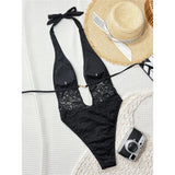 Lace Deep V Neck Halter Women Swimwear One Piece Swimsuit Female Monokini High Leg Cut Backless Bather Bathing Suit Swim V8264