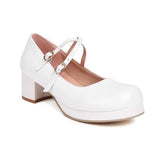 Big Size 30-48 Sweet Lolita Pink Mary Jane Shoes Women Round Toe Cross-Straps Platform White Block Heel Cute Dress Pumps