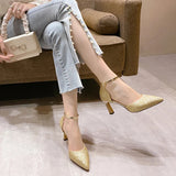 ZOKI Bling Gold Silver Women's Pumps 2024 Sexy Point Toe Thin Heel Party Wedding Shoes Woman Summer Ankle Strap High Heels Shoes