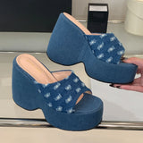 2025 Vintge Denim Blue Summer Chunky Platform Sandals Women Slides Chunky High Heels Wedges Shoes Mules Outdoor Slipper