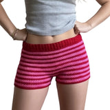 Women Spring Summer Fashion Low Waist Mini Shorts Holiday Beach Knit Shorts Stripes Print Stretchy Shorts