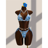 With Sarong Flower Printed Halter Bikini Female Swimsuit Women Swimwear Three-pieces Bikini set Bather Bathing Suit Swim V8321
