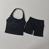 2PCS Seamless Halter Neck Yoga Set Push up Sports Bra And High Waist Butt Lift Fitness Shorts Tummy Control Fitness Wear