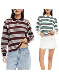 Women's Fall Striped Print T-Shirt Contrast Color Long Sleeve Lapel Neck Button-up Casual Pullover Tops