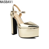 Platform Pointed Toe Sandals for Women Summer New Ankle Buckle Strap Gold Runway High Heels Large Size 43 Wedding Party Shoes