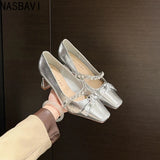 Women's High Heels Mary Janes Square Head Embellished with Water Diamonds Low Cut Knots Thick Heels Fashionable Party Shoes