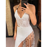 New Tassels Asymmetric Halter Crochet Knitted Tunic Beach Cover Up Cover-ups Beach Dress Beach Wear Beachwear Female Women V8257