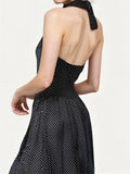 Women Sleeveless Long Dress Halterneck Backless Dots/Floral Slit Dress for Cocktail Party