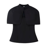 Women's Fashion Casual Shawl-Style Waist-Cinching Top Solid Color For Woman Elegant Cape Sleeve Top For Women White Black 81FF