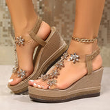 Rhinestone Flowers Wedges Sandals Women 2026 Luxury Crystals Chunky Platform Sandles Woman Clear Pvc Super High Heel Party Shoes