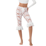 Women Summer Lace Ruffle Capri Leggings Solid Color Sheer Mesh Elastic High Waist See Through Pants