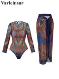 XS - XXL Printed Long Sleeve With Sarong Women Swimwear One Piece Swimsuit Female High Leg Cut Bather Bathing Suit Swim V7136