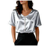 Women's Satin Short Sleeve T Shirt With Pearl Buttons Solid Color V Neck Loose Fit Elegant Office Lady Tees Summer Commuter Top
