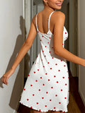 Women Cherry Print Camisole Nightgown, Summer Sleeveless Sleep Dress with Bow Front, Adjustable Straps, Ruffle Hem Home