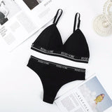 Women's Ribbed Wireless Triangle Bralette and Thong Set Low Rise Panties Daily Wear Comfort Underwear Ladies Sexy Lingerie Set
