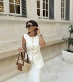 Women's Sleeveless Knit Top With Metal Buttons White Sleeveless Button Down Vest And Maxi Skirt Two Piece Set For Women S7XY