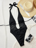 DEKA Black Lace Swimsuit Sexy Women One Pieces Swimwear Female Hollow Monokini Halter Bathing Suit Beachwear Solid Bodysuit