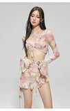 Bikinis Set Swimsuit Women Sweet Floral Prints Summer Girlish Sexy Ruffles Korean Style High Waist Swimwear Fashion Beach Wear