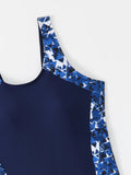 Women One-piece Sports Swimsuit Professional Training Athletic Boyleg Bathing Suit Printed Swimwear Patchwork Beach Wear Blue