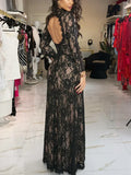 Summer Maxi Dress Women Sexy Sheer Lace Hollow Out Long Sleeve Floral Split Slim Bodycon Solid Casual Beach Party Club Vestidos