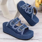 Women Denim Belt Buckle Wedge Heels Slippers Summer2026 Non Slip Thick Sole Beach Slippers Woman Fashion Buckle Platform Sandles