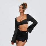 Women Long Sleeve Crop Tops Mesh Lace Trim Sweetheart Neckline Tie-Up Backless T-Shirts Spring Fall Slim Fit Shirts Streetwear