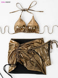 DEKA Gold Shiny Bikini Set Brazilian Summer Hot Suit Leather Swimsuit With Mini Ruched Skirt Swimwear 3 Pcs Beachwear Outfits