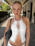 FDYOUO Sexy Halter Lace Patchwork Camisoles Women Fashion Backless Hollow Out Corset Pink White Bandage Tanks Top Y2K Streetwear