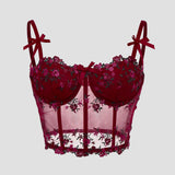 Sexy Lace Floral Embroidery Bow Corset For Women Camisole Sheer Mesh Fishbone Slim Crop Top Wired Bra Camis Festival Lingerie