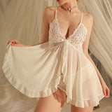 Floral Lace Split Sexy Babydoll Semi-sheer Deep V Bow Ruffle Dress And Panties Underwear Sets Women's Erotic Lingerie Nightgown