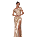 Elegant Satin Solid Color Off-Shoulder Women's Long Dress Sexy High-Waisted Flim Slit Pleated Dress for Lady Party Wedding