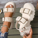 Fashion Buckle Platform Sandals Women 2026 Summer Pleated Pu Leather Rome Sandals Woman Plus Size 42 Thick Bottom Sandalias