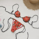 Sexy Patterned Bikini Top and Bottoms with Green Gemstones Perfect for Beach Wear and Pool Parties Summer Getaways Vacation Wear