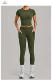 Women Tracksuit Yoga Sets Short Sleeve Slim Sports T Shirts Workout Clothes Outdoor Tight High Waist Pocket Pants Fitness Suits