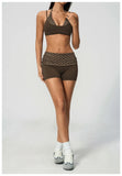 Breathable Striped Patchwork Yoga Clothing Women Fake Two-piece Sports Bra Folding High Waist Shorts Gym Running Fitness Suit