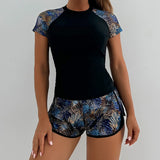 Sports Swimsuit for Women 2026 New 2 Piece Swimsuit High Waist Tankini Short Sleeve Round Neck Patchwork Bikini Set Swimwear
