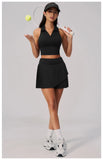 Women's Tracksuit Yoga Set 2 Pieces High Waist Pleate Pocket Skort Fitness Suit Turn Down Collar V Neck Slim Tank Top Sporstwear