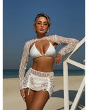 Toucheart Sexy Lingerie Suit for Women Mesh Four-piece Beach Swimsuit Sexy Bikini Solid Color Long Sleeves Mesh See-through Set