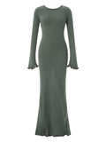 Women's Autumn Winter Knitted Bodycon Dress Long Sleeve Tie Backless Round Neck Solid Color Ruffle Trim Long Dress Beachwear