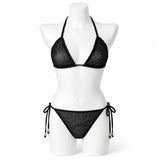 Women Bikini Set 2pcs Black Halter Triangle Swimsuit, Tie Side V Shape Bottom, Solid Color Beach Vacation Swimwear